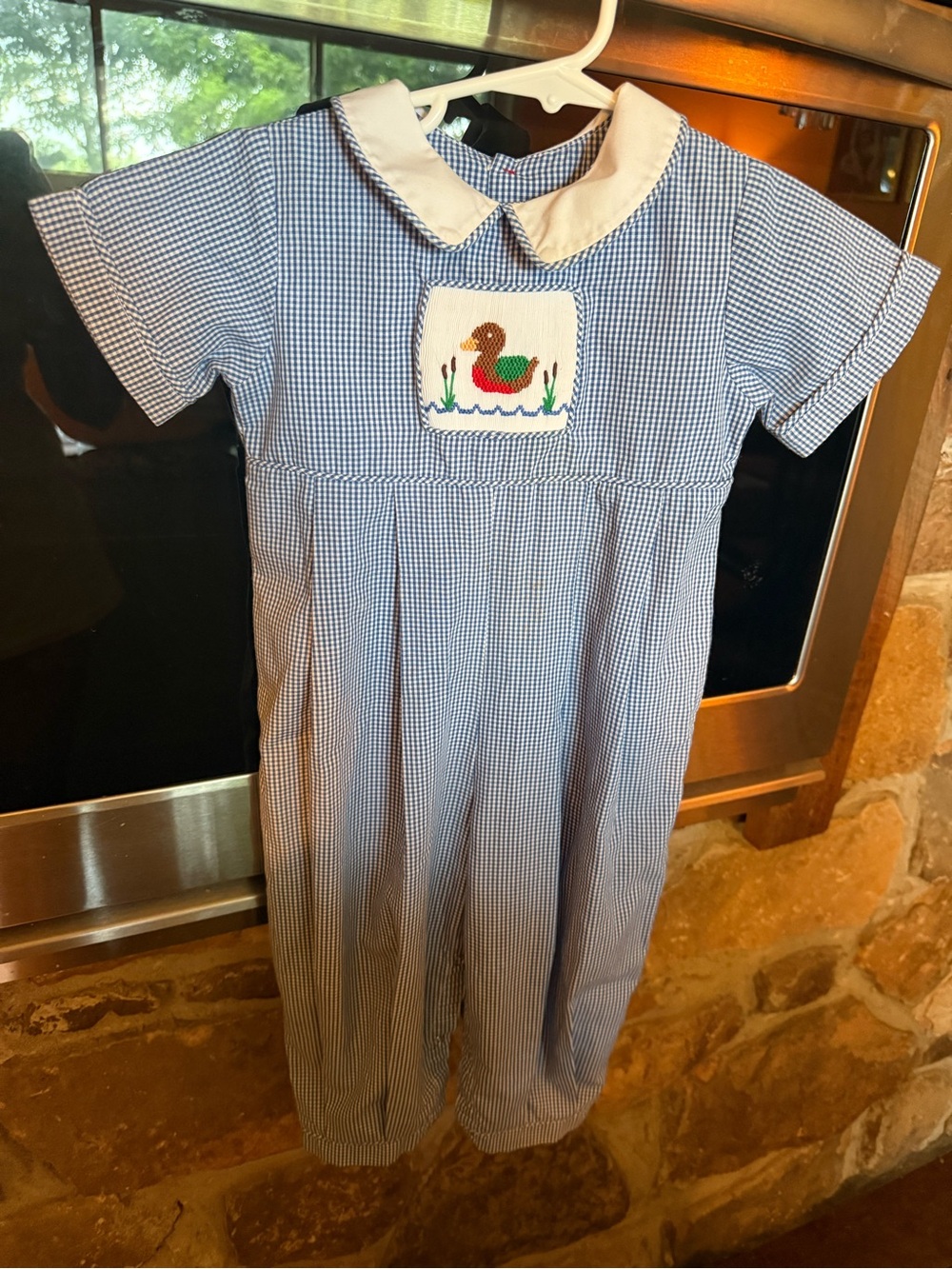 Blue Gingham Duck Appliqué Kids One-Piece